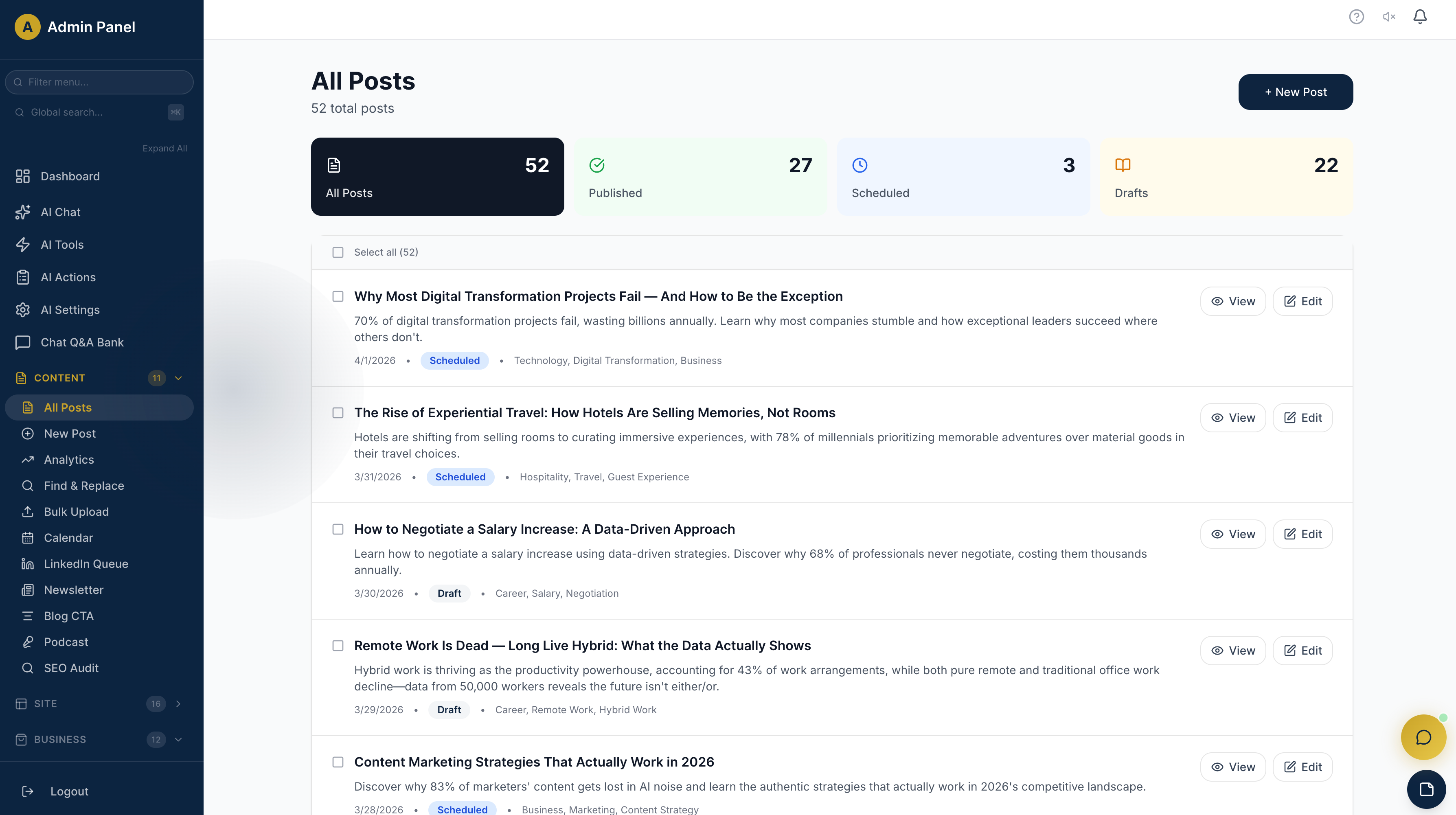 Blog / CMS dashboard screenshot