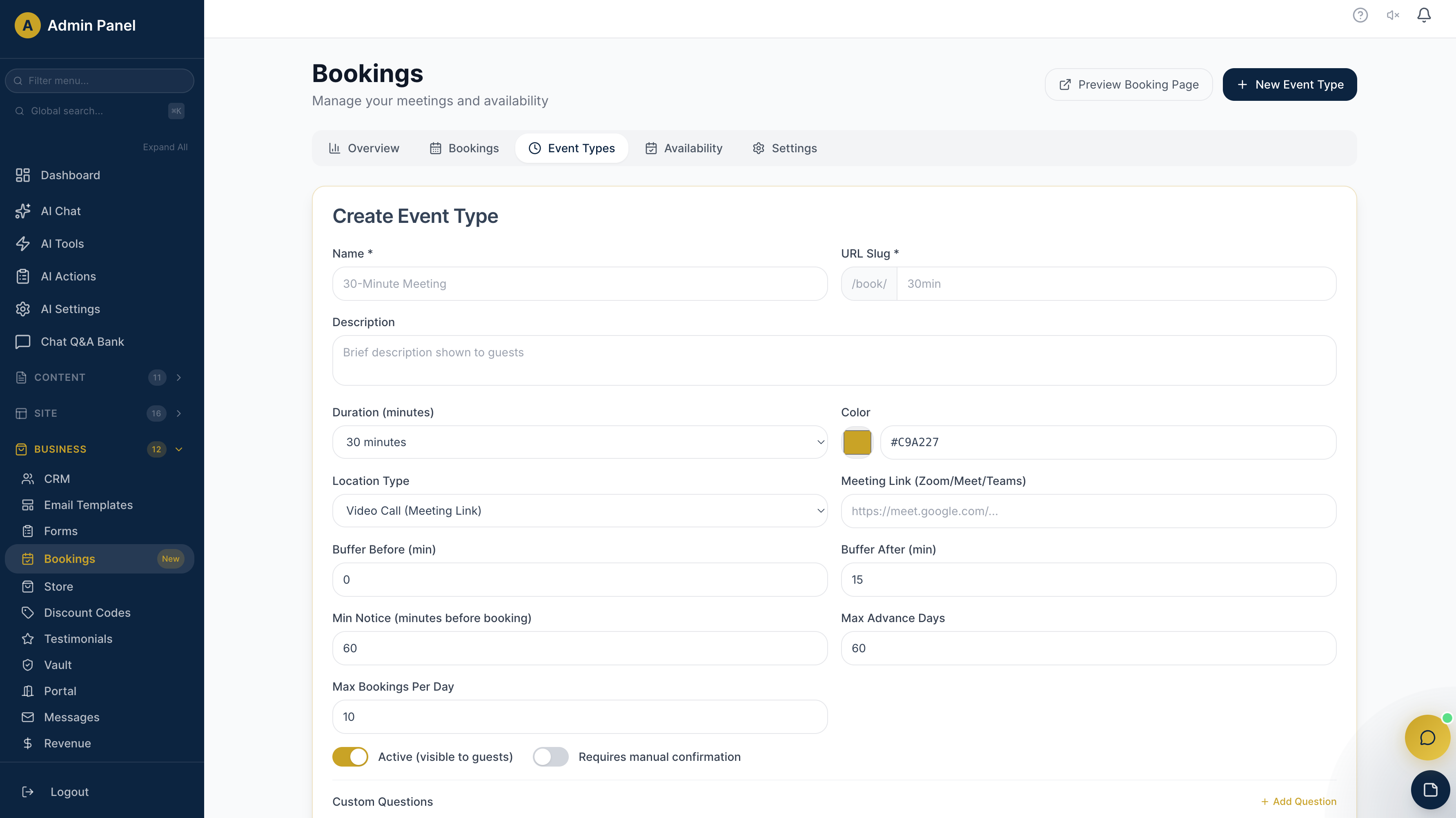 Booking System dashboard screenshot