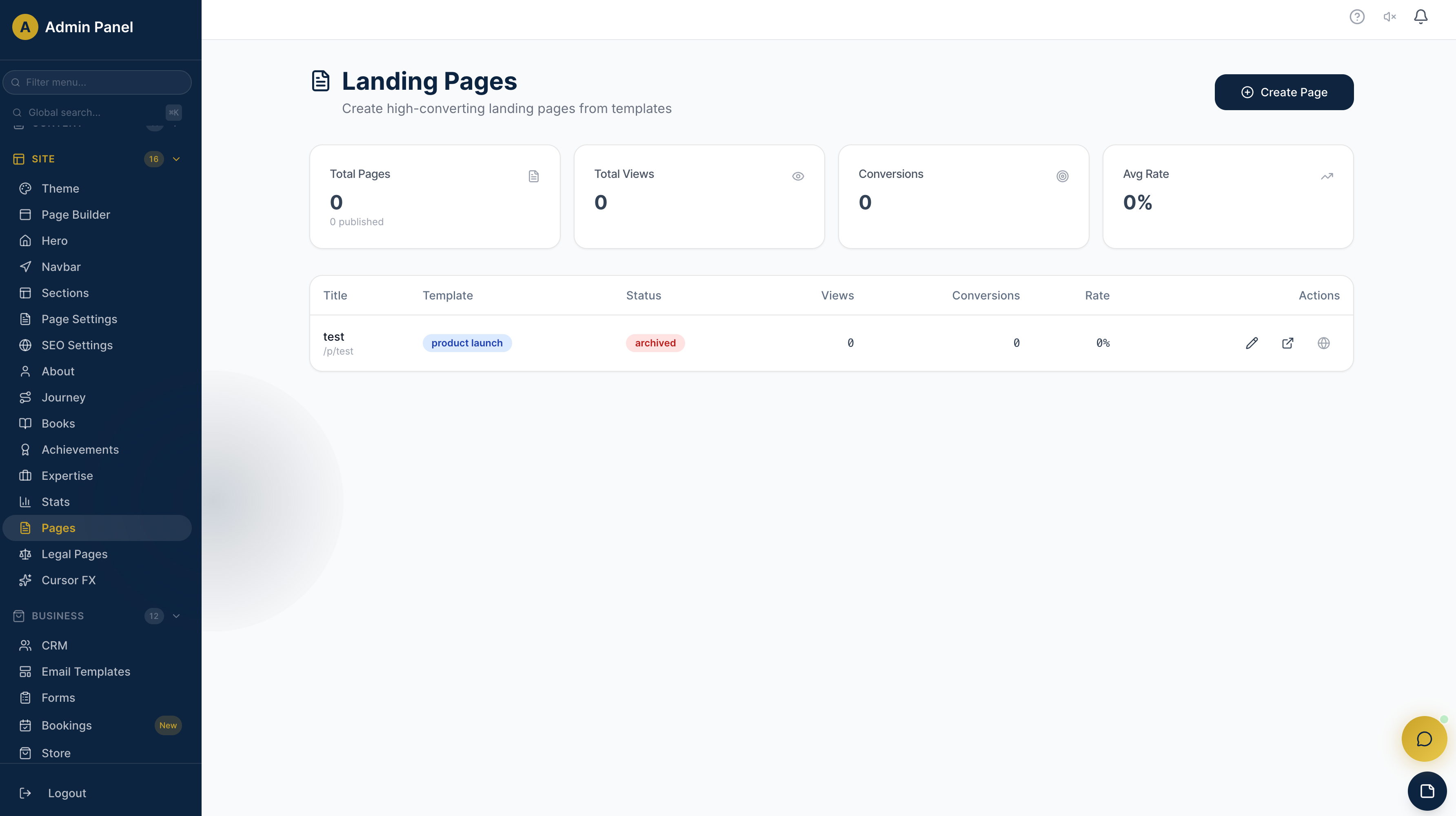 Landing Pages dashboard screenshot